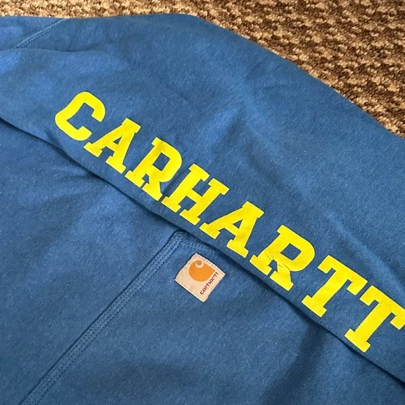 Carhartt Royal Blue Hoodie with Bold Yellow Sleeve Logo - Picture 2 of 3